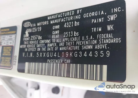 2019 Kia Optima Ex z USA, uszkodzony, nr VIN 5XXGU4L19KG344359